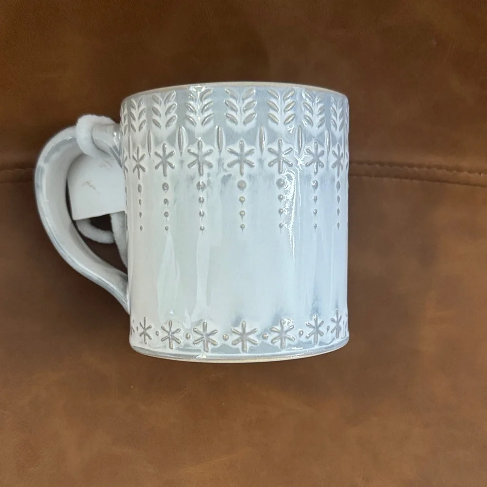 White Anthropologie Mug with Gold Letter A and Stocking Design